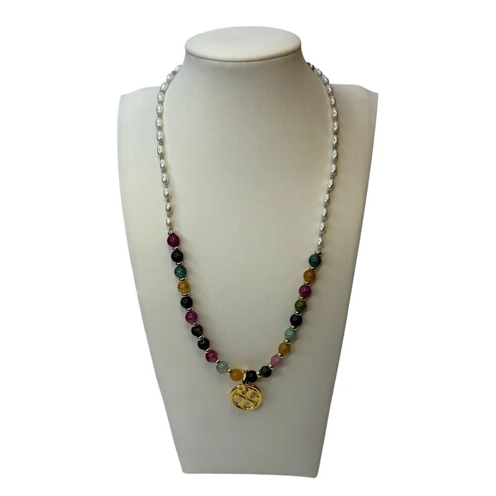 Tory Burch Miller Mixed-Materials Pearl and Multi-Stone Beaded Necklace Gold NWT